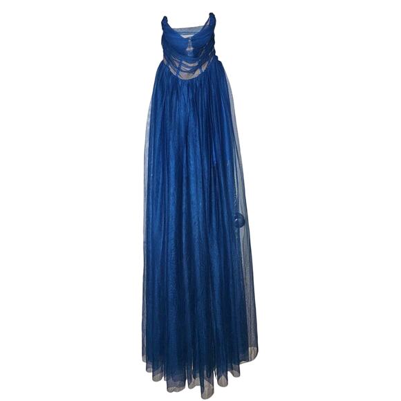 New Free People SAU LEE Bella Gown $510 Size 2 Blue Edgy Strapless Maxi Dress - Picture 3 of 5